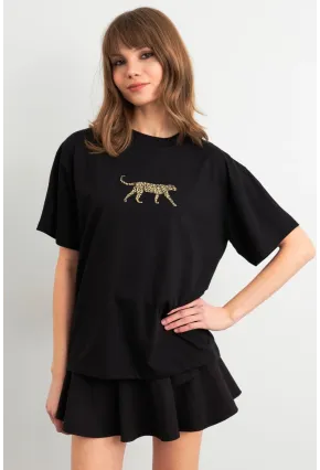 Kadın Siyah Leopar Baskılı T-Shirt RLO110