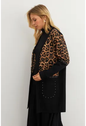 Kadın Siyah Leopar Bloklu Hırka MPK812