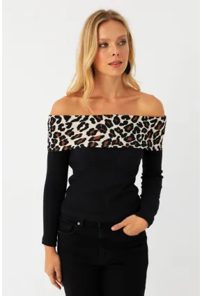 Kadın Siyah Leopar Bloklu Madonna Bluz AYD396