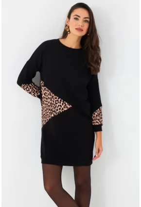 Kadın Siyah Leopar Desenli Mini Sweat Elbise ST145