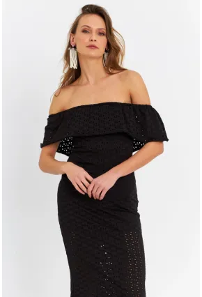 Kadın Siyah Madonna Yaka Astarlı Midi Elbise LİT105