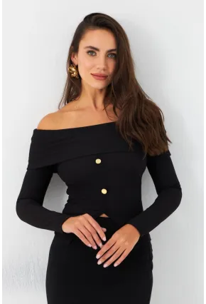 Kadın Siyah Madonna Yaka Bluz RLO77