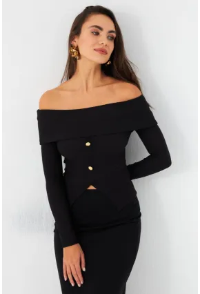 Kadın Siyah Madonna Yaka Bluz RLO77