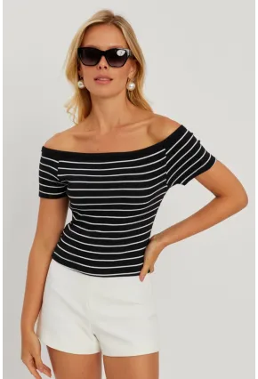 Kadın Siyah Madonna Yaka Çizgili Kaşkorse Bluz AYD311