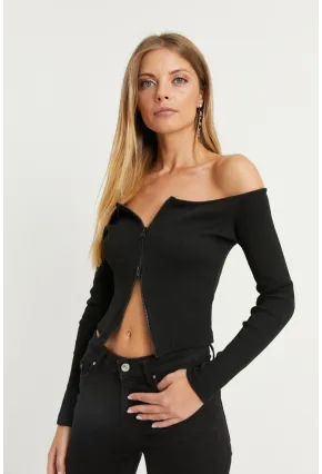 Kadın Siyah Madonna Yaka Fermuarlı Kaşkorse Bluz B1402