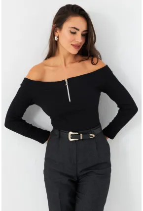 Kadın Siyah Madonna Yaka Kaşkorse Bluz TF40