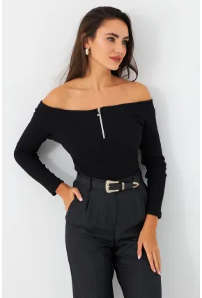 Kadın Siyah Madonna Yaka Kaşkorse Bluz TF40