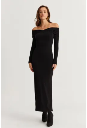 Kadın Siyah Madonna Yaka Maxi Elbise DMR391
