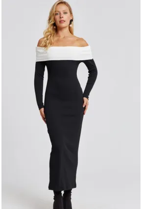 Kadın Siyah Madonna Yaka Maxi Elbise EY2696