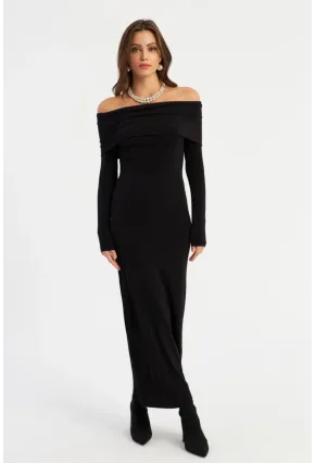 Kadın Siyah Madonna Yaka Maxi Elbise LİK10