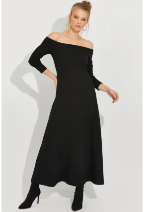 Kadın Siyah Madonna Yaka Midi Elbise BK272076