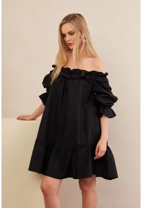 Kadın Siyah Madonna Yaka Midi Elbise PSG1012