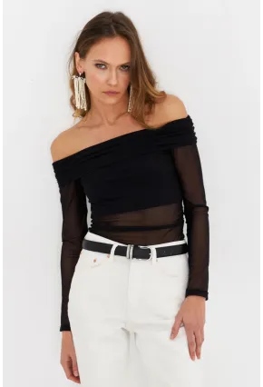 Kadın Siyah Madonna Yaka Tül Bluz MTK13241