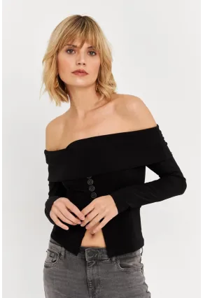 Kadın Siyah Madonna Yaka Yırtmaçlı Crop Bluz ELT4034