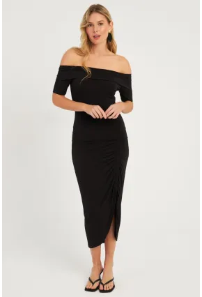Kadın Siyah Madonya Yaka Büzgülü Midi Elbise YZ1025