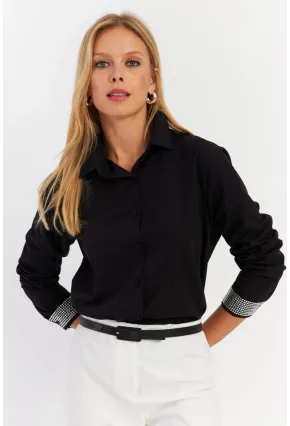 Kadın Siyah Manşeti Taşlı Gömlek MZER415