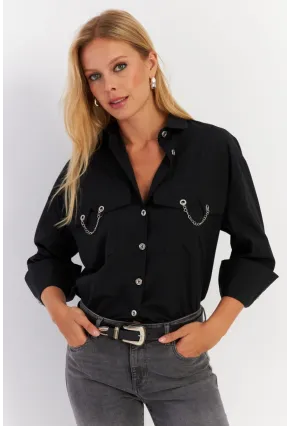 Kadın Siyah Metal Detaylı Gömlek ASF13