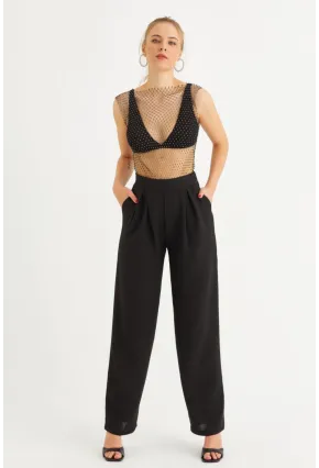 Kadın Siyah Muslin Cepli Pantolon RSP5003