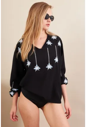 Kadın Siyah Nakışlı Bluz MPC1345