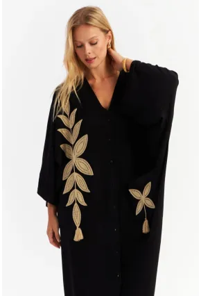 Kadın Siyah Nakışlı Cepli Maxi Elbise MALO13