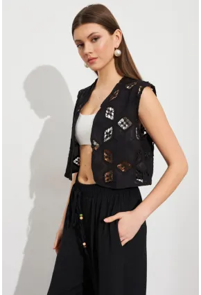 Kadın Siyah Nakışlı Crop Yelek ZH110