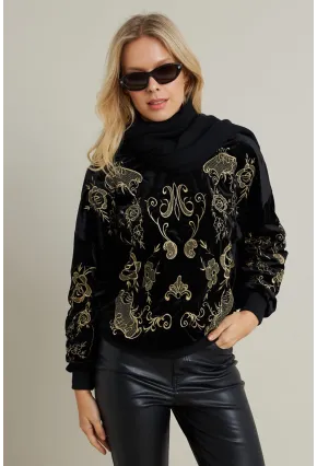 Kadın Siyah Nakışlı Kadife Sweatshirt MQS1229