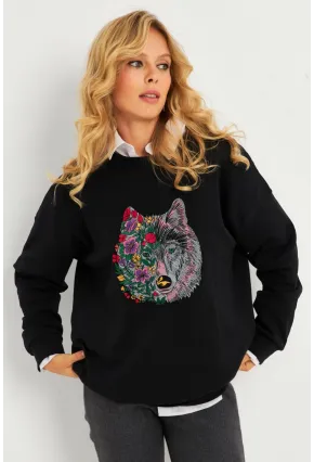 Kadın Siyah Nakışlı Sweatshirt YLE20