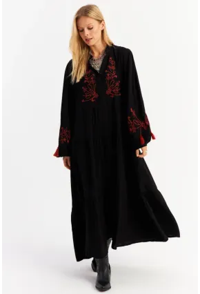 Kadın Siyah Nakışlı Volanlı Maxi Elbise MALO2