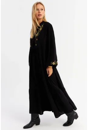 Kadın Siyah Nakışlı Volanlı Maxi Elbise MALO6