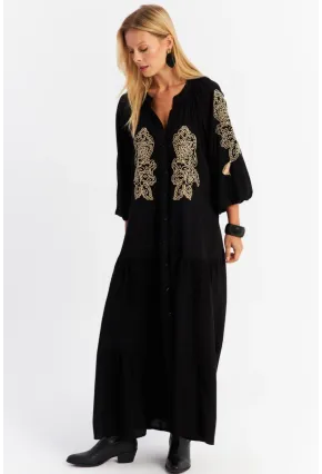 Kadın Siyah Nakışlı Volanlı Maxi Elbise MALO7
