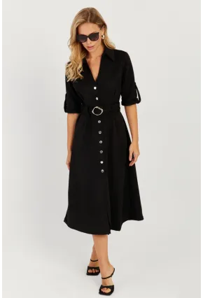 Kadın Siyah Nubuk Midi Gömlek Elbise KED4023