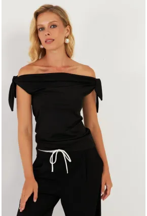 Kadın Siyah Omuz Bağlamalı Bluz EY2851