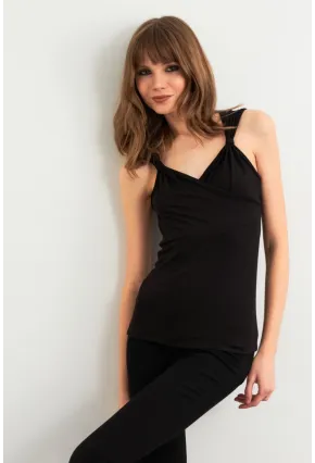 Kadın Siyah Omuz Büzgülü Kruvaze Bluz EY3039