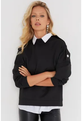 Kadın Siyah Omuz Taşlı Dalgıç Sweatshirt ST824