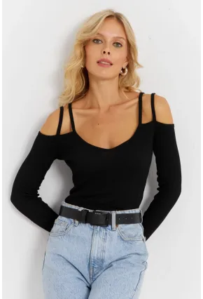 Kadın Siyah Omuzları Açık Kaşkorse Bluz EY2889