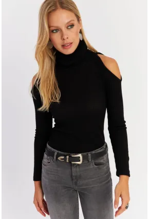 Kadın Siyah Omuzları Açık Kaşkorse Bluz HOR04