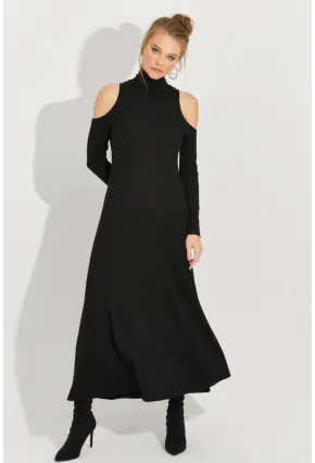 Kadın Siyah Omuzları Açık Maxi Elbise BK1712