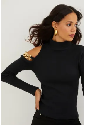 Kadın Siyah Omuzları Açık Zincirli Triko Bluz SF2005