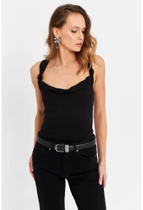 Kadın Siyah Omuzları Düğümlü Bluz EY3066