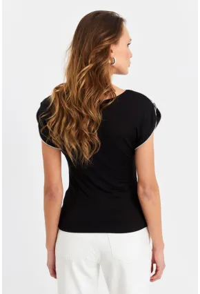 Kadın Siyah Omuzları Fermuarlı Bluz EY3062
