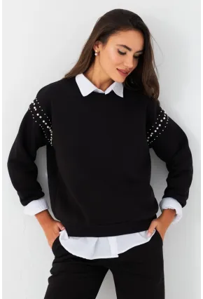 Kadın Siyah Omuzları İnci Detaylı Sweatshirt DY1424