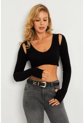 Kadın Siyah Omuzları Pencereli Kaşkorse Crop Bluz B5024