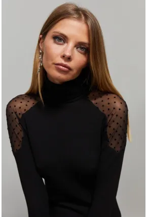 Kadın Siyah Omuzları Puantiyeli Tül Bluz EY1098