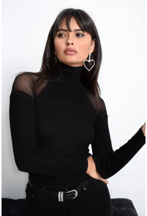 Kadın Siyah Omuzları Tül Bluz TZ2075