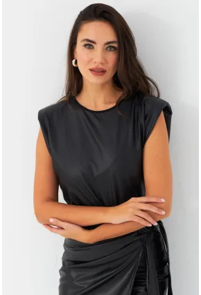Kadın Siyah Omuzları Vatkalı Suni Deri Bluz TF42