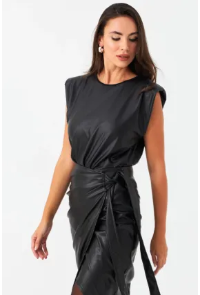 Kadın Siyah Omuzları Vatkalı Suni Deri Bluz TF42