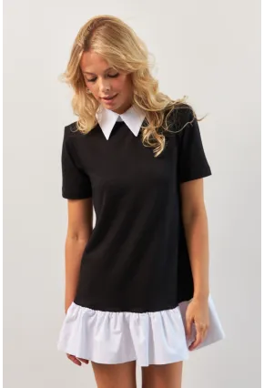 Kadın Siyah Omuzları Vatkalı Volanlı Mini Elbise KED4247