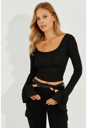 Kadın Siyah Ön Arka U Crop Bluz CG302