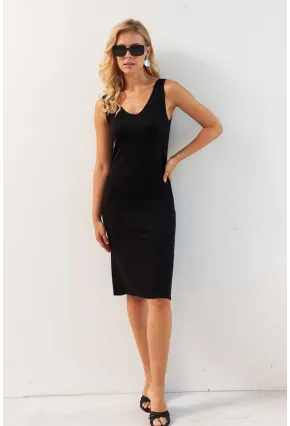 Kadın Siyah Ön Arka V Midi Elbise RX440