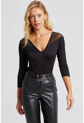 Kadın Siyah Ön Arka V Tül Detaylı Bluz Yİ2502